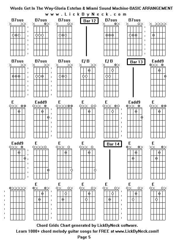 Chord Grids Chart of chord melody fingerstyle guitar song-Words Get In The Way-Gloria Estefan & Miami Sound Machine-BASIC ARRANGEMENT,generated by LickByNeck software.